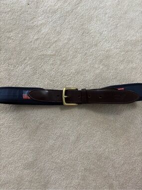 Vineyard Vines Navy Ribbon Belt with Brown Leather & Brass Buckle size 30